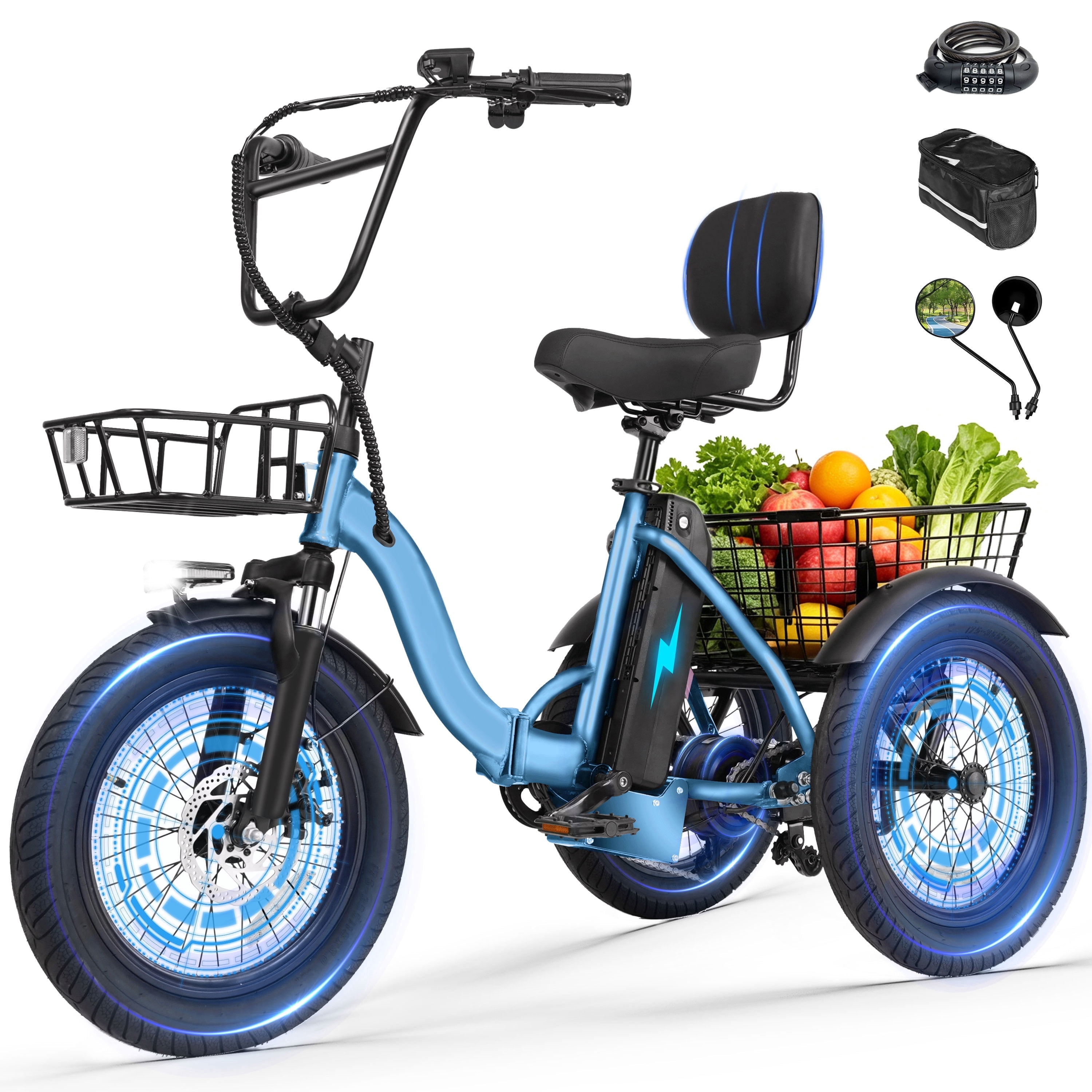 ESKUTE Adult E Trike Electric Tricycle – 750W Brushless Motor, 18+ MPH, Fat Tires, Foldable Step-Thru 3-Wheel E-Bike, Up to 55 Miles, Blue with Phone Holder Bag, Mirrors & Lock