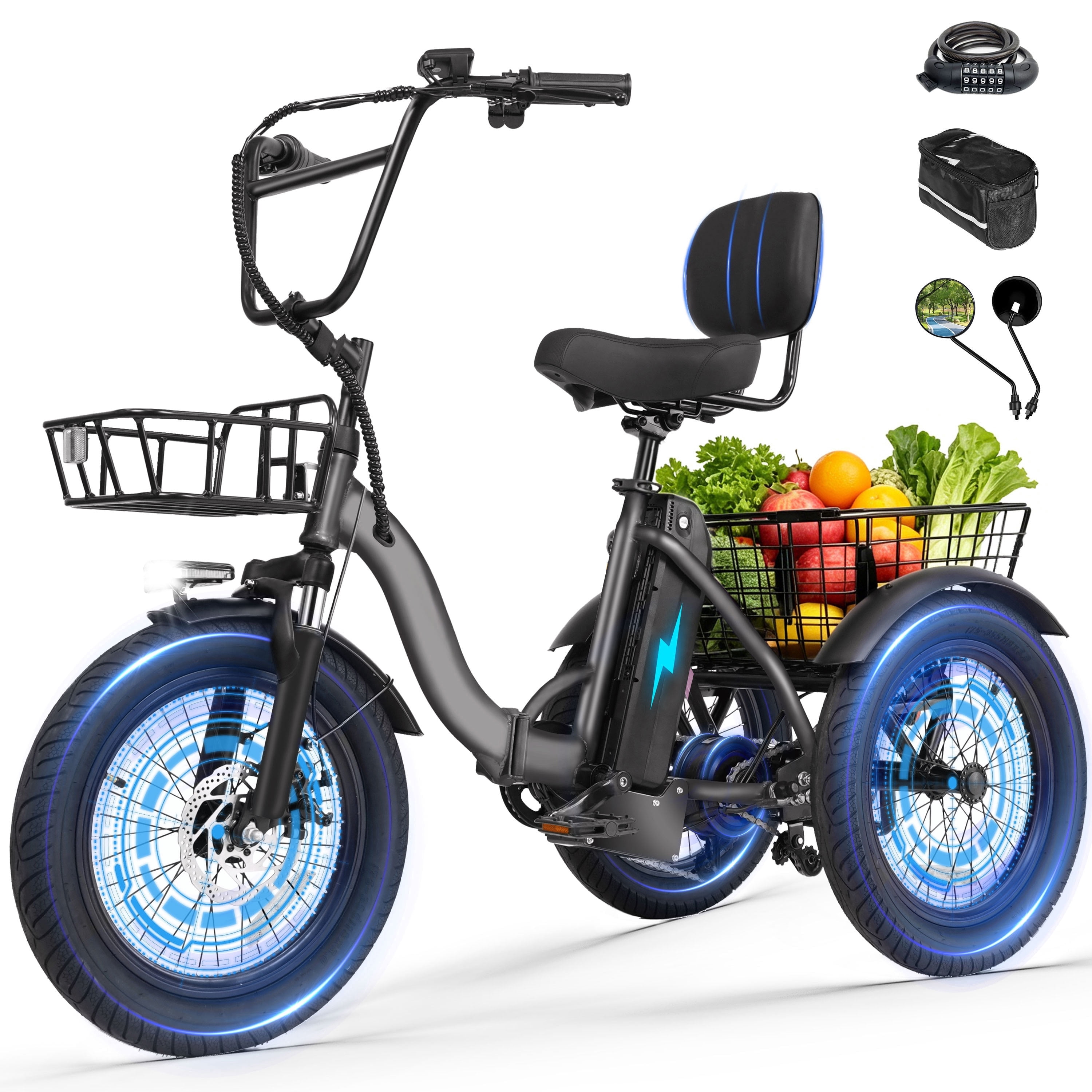 ESKUTE Adult E Trike Electric Tricycle – 750W Brushless Motor, 18+ MPH, Fat Tires, Foldable Step-Thru 3-Wheel E-Bike, Up to 55 Miles, Gray with Phone Holder Bag, Mirrors & Lock