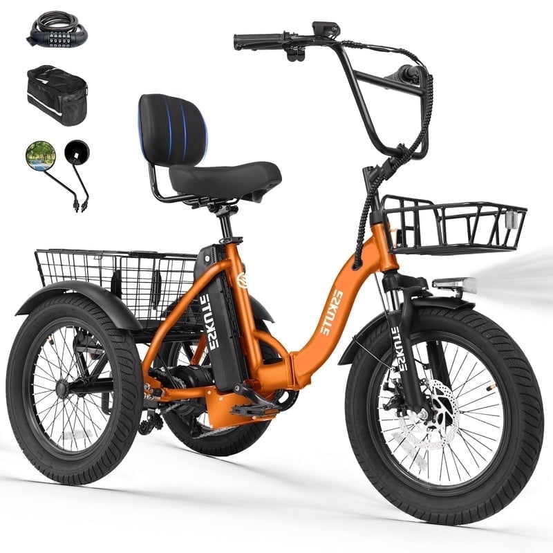 ESKUTE Adult E Trike Electric Tricycle – 750W Brushless Motor, 18+ MPH, Fat Tires, Foldable Step-Thru 3-Wheel E-Bike, Up to 55 Miles, Orange with Phone Holder Bag, Mirrors & Lock
