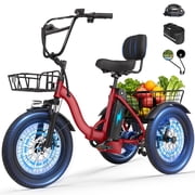 ESKUTE Adult E Trike Electric Tricycle   750W Brushless Motor, 18 MPH, Fat Tires, Foldable Step-Thru 3-Wheel E-Bike, Up to 55 Miles, Red with Phone Holder Bag, Mirrors & Lock