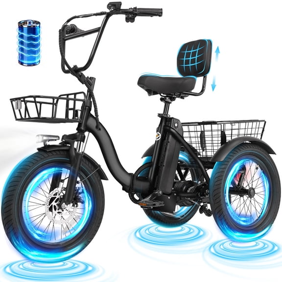 T300 E Trike Electric Tricycle for Adults, 750W Brushless Motor 18MPH+ Fat Tire Folding Trike, Step-Thru 3 Wheel Electric Bicycle, Up to 55 Miles Black