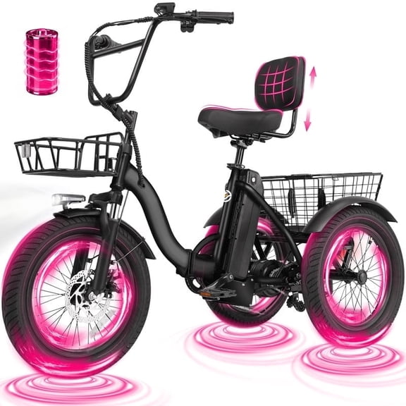 T300 E Trike Electric Tricycle for Adults, 750W Brushless Motor 18MPH Fat Tire Folding Trike, Step-Thru 3 Wheel Electric Bicycle, Up to 55 Miles Black