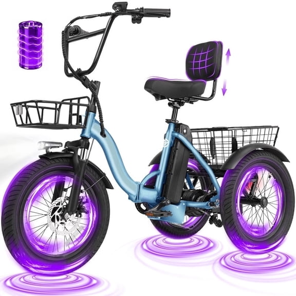 T300 E Trike Electric Tricycle for Adults, 750W Brushless Motor 18MPH+ Fat Tire Folding Trike, Step-Thru 3 Wheel Electric Bicycle, Up to 55 Miles Blue