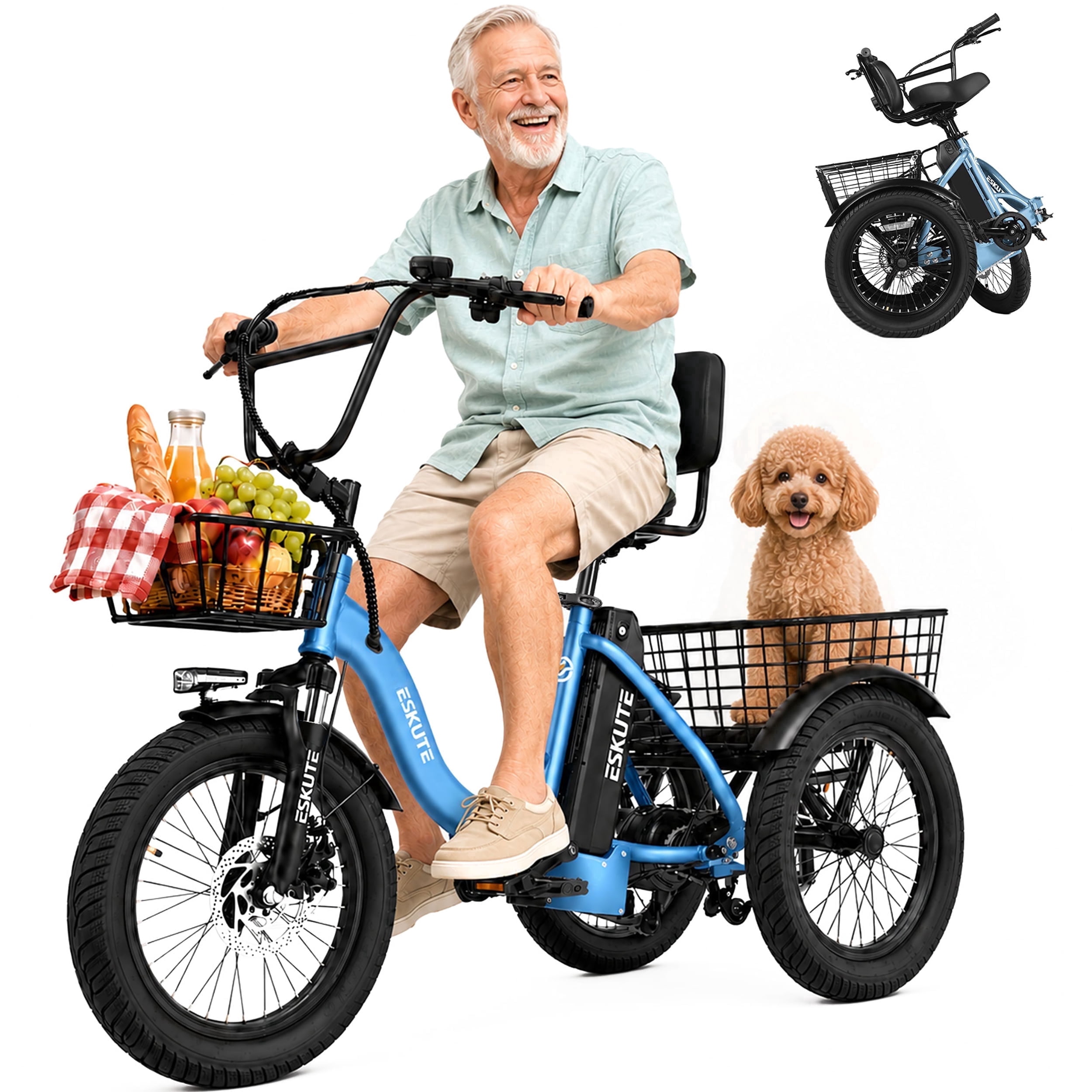 ESKUTE T300 E Trike Electric Tricycle for Adults, 750W Brushless Motor 18MPH+ Fat Tire Folding Trike, Step-Thru 3 Wheel Electric Bicycle, Up to 55 Miles Blue Standard UL2849