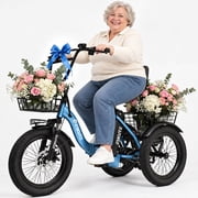 ESKUTE T300 E Trike Electric Tricycle for Adults, 750W Brushless Motor 18MPH Fat Tire Folding Trike, Step-Thru 3 Wheel Electric Bicycle, Up to 55 Miles Blue Standard UL2849