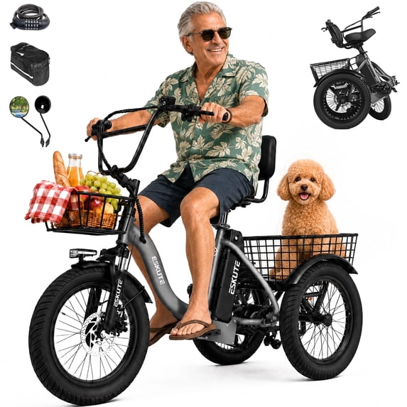 ESKUTE T300 E Trike Electric Tricycle for Adults, 750W Brushless Motor 18MPH Fat Tire Folding Trike, Step-Thru 3 Wheel Electric Bicycle, Up to 55 Miles Gray, UL2849