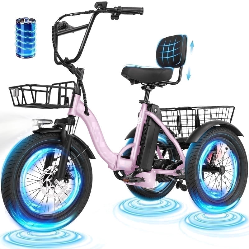 ESKUTE T300 E Trike Electric Tricycle for Adults, 750W Brushless Motor 18MPH+ Fat Tire Folding Trike, Step-Thru 3 Wheel Electric Bicycle, Up to 55 Miles Pink, UL2849