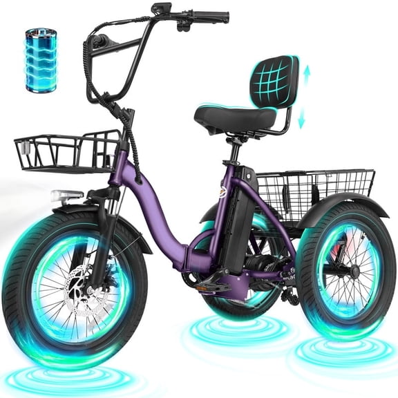 T300 E Trike Electric Tricycle for Adults, 750W Brushless Motor 18MPH+ Fat Tire Folding Trike, Step-Thru 3 Wheel Electric Bicycle, Up to 55 Miles Purple
