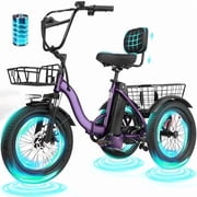 ESKUTE T300 E Trike Electric Tricycle for Adults, 750W Brushless Motor 18MPH Fat Tire Folding Trike, Step-Thru 3 Wheel Electric Bicycle, Up to 55 Miles Purple, UL2849