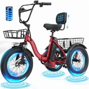 ESKUTE T300 E Trike Electric Tricycle for Adults, 750W Brushless Motor 18MPH Fat Tire Folding Trike, Step-Thru 3 Wheel Electric Bicycle, Up to 55 Miles Red, UL2849