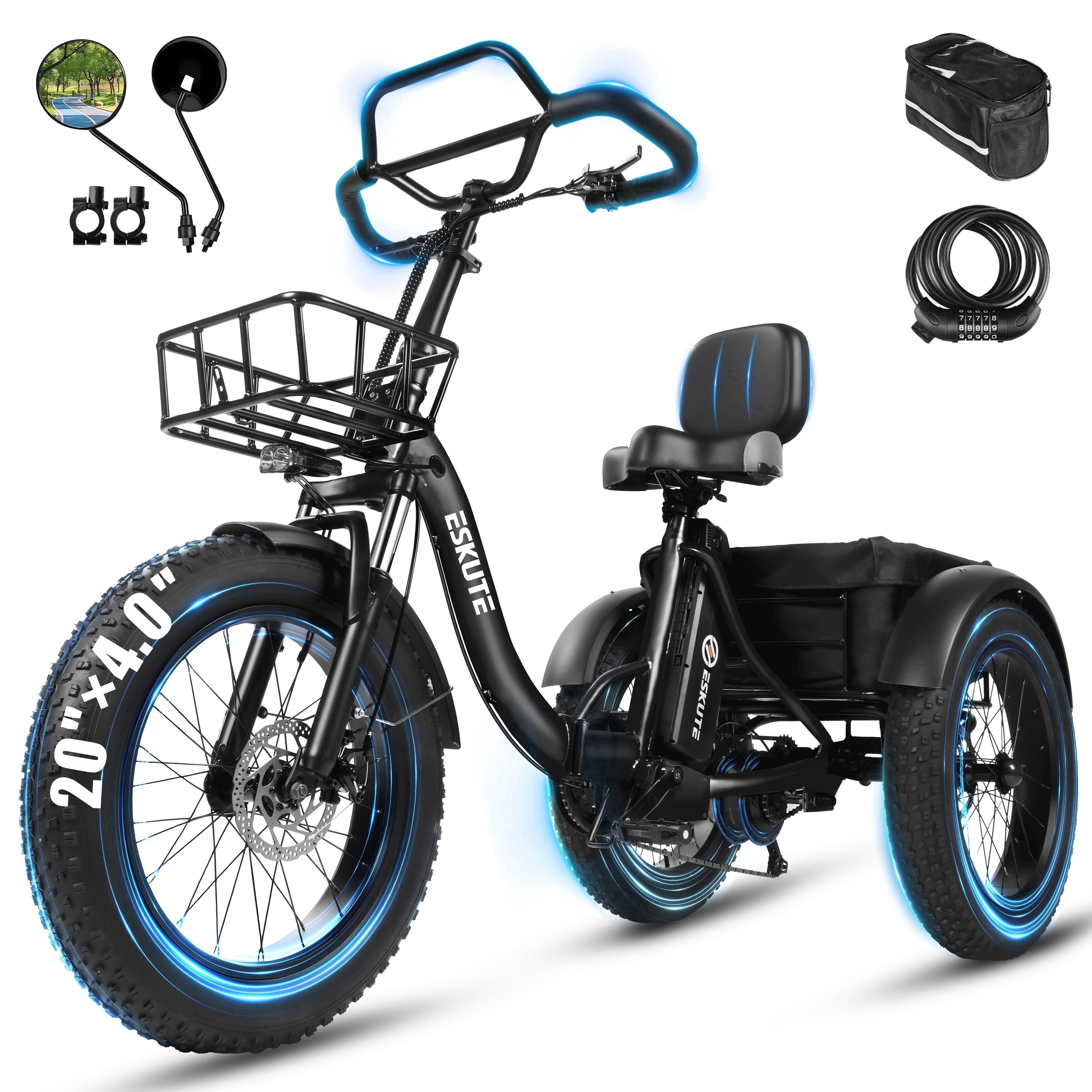 ESKUTE T300 Pro Electric Tricycle for Adults, E Trike, 1200W Peak Motor, 998.4Wh Battery, 20" x 4.0" Fat Tires, Foldable 3 Wheel Electric Bike, Black with Phonebag & Mirror & Lock, UL2849