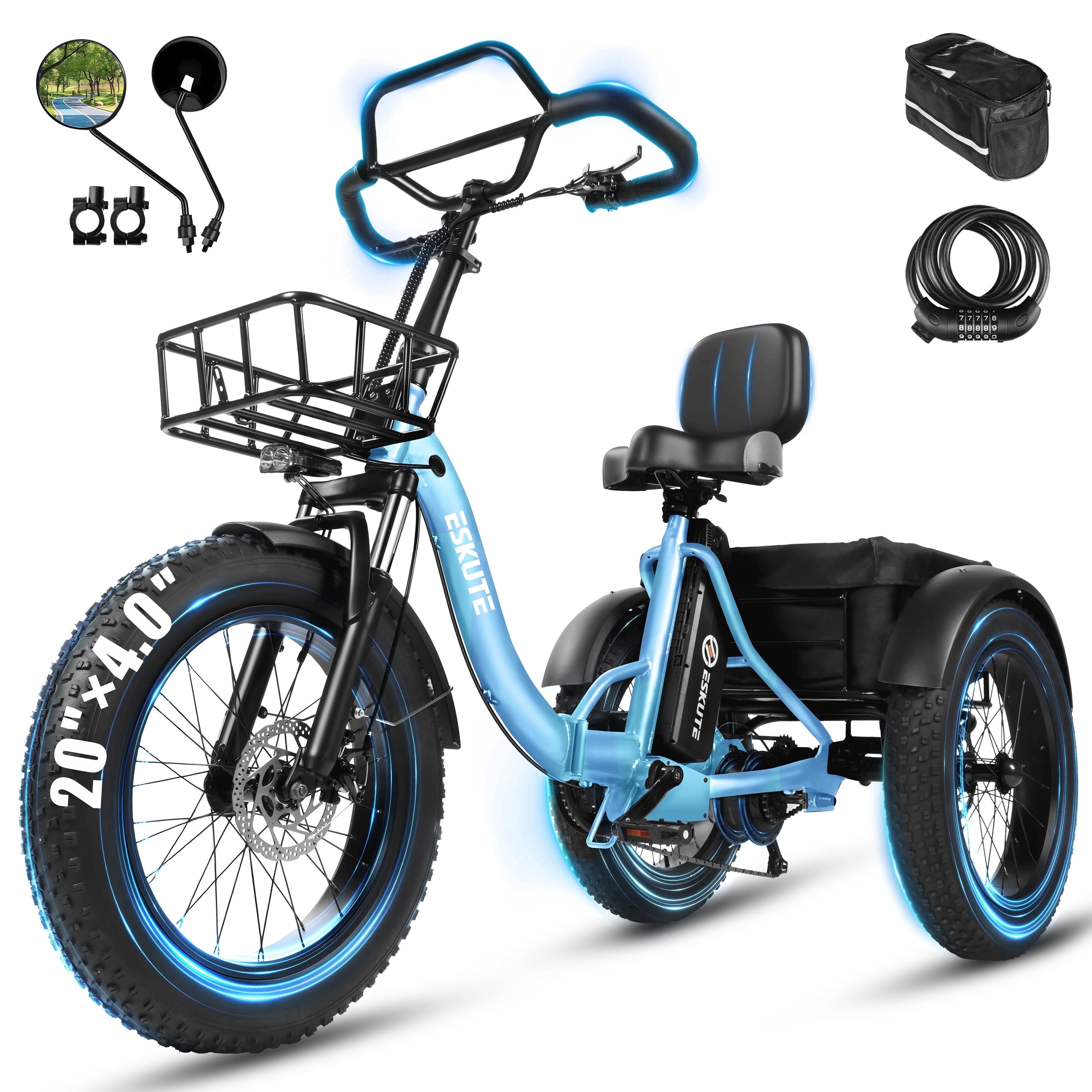 ESKUTE T300 Pro Electric Tricycle for Adults, E Trike, 1200W Peak Motor, 998.4Wh Battery, 20" x 4.0" Fat Tires, Foldable 3 Wheel Electric Bike, Blue with Phonebag & Mirror & Lock, UL2849