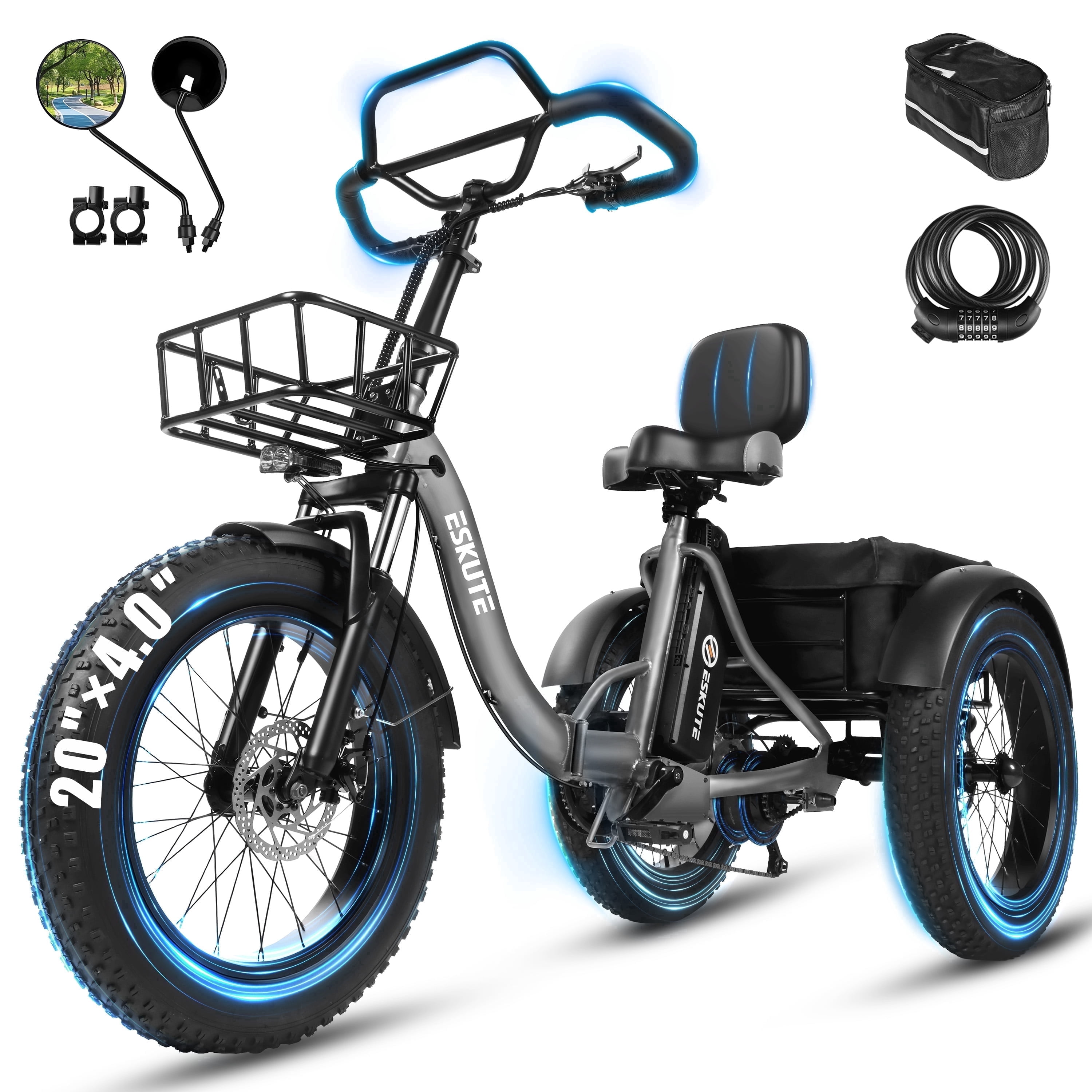 ESKUTE T300 Pro Electric Tricycle for Adults, E Trike, 1200W Peak Motor, 998.4Wh Battery, 20" x 4.0" Fat Tires, Foldable 3 Wheel Electric Bike, Gray with Phonebag & Mirror & Lock, UL2849