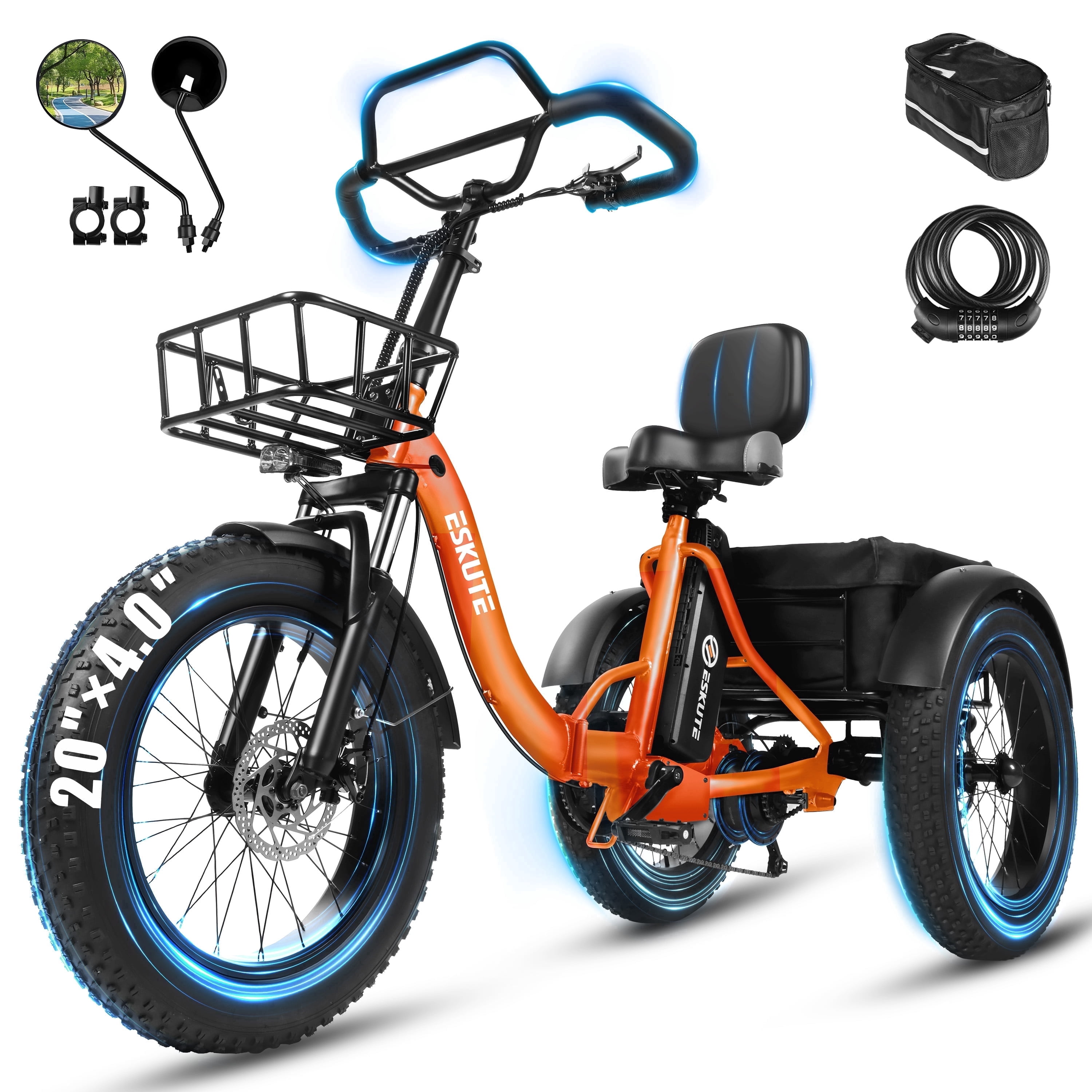 ESKUTE T300 Pro Electric Tricycle for Adults, E Trike, 1200W Peak Motor, 998.4Wh Battery, 20" x 4.0" Fat Tires, Foldable 3 Wheel Electric Bike, Orange with Phonebag & Mirror & Lock, UL2849