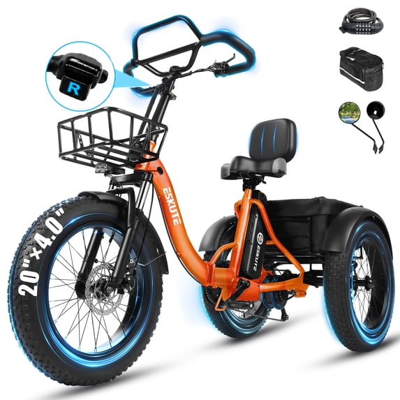 ESKUTE T300 Pro Adult Electric Tricycle with Reverse, E Trike, 998.4Wh Battery, 20" x 4.0" Fat Tires, Foldable 3 Wheel Electric Bike, Orange with Phonebag & Mirror & Lock, UL2849