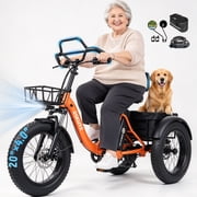 ESKUTE T300 Pro Adult Electric Tricycle with Reverse, E Trike, 998.4Wh Battery, 20" x 4.0" Fat Tires, Foldable 3 Wheel Electric Bike, Orange with Phonebag & Mir
