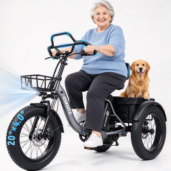 ESKUTE T300 Pro Adult Electric Tricycle with Reverse, E Trike, 998.4Wh Battery, 20" x 4.0" Fat Tires, Foldable 3 Wheel Electric Bike, Stable Ride for Seniors & Parents Gray, UL2849