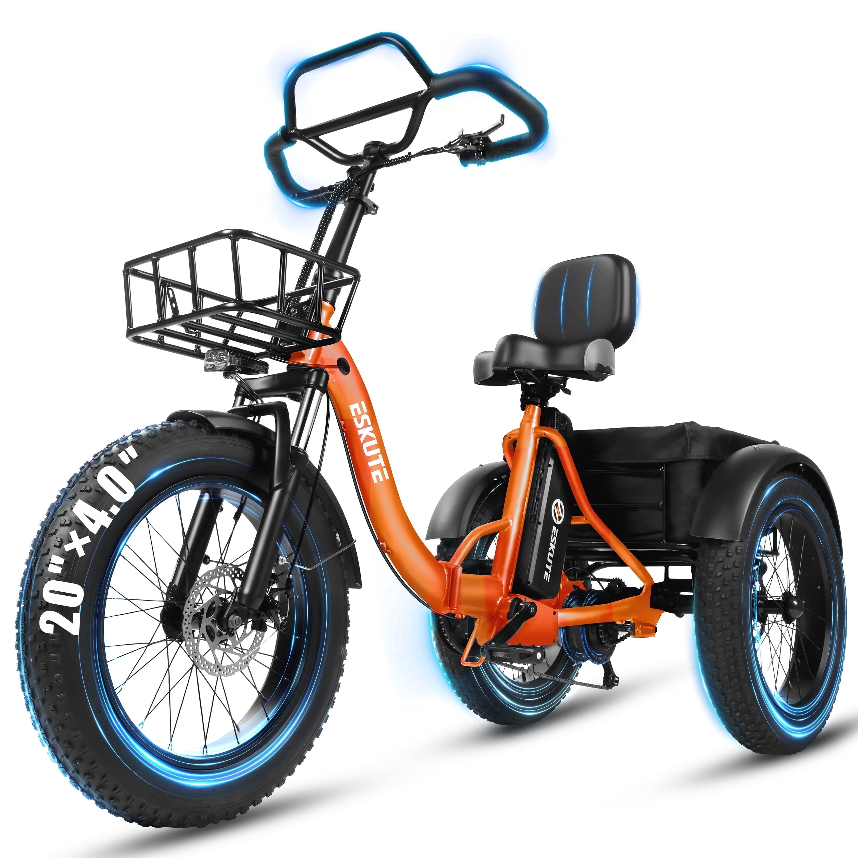 ESKUTE T300 Pro Electric Tricycle for Adults, E Trike, 1200W Peak Motor, 998.4Wh Battery, 20" x 4.0" Fat Tires, Foldable 3 Wheel Electric Bike, Stable Ride for Seniors & Parents Orange, UL2849