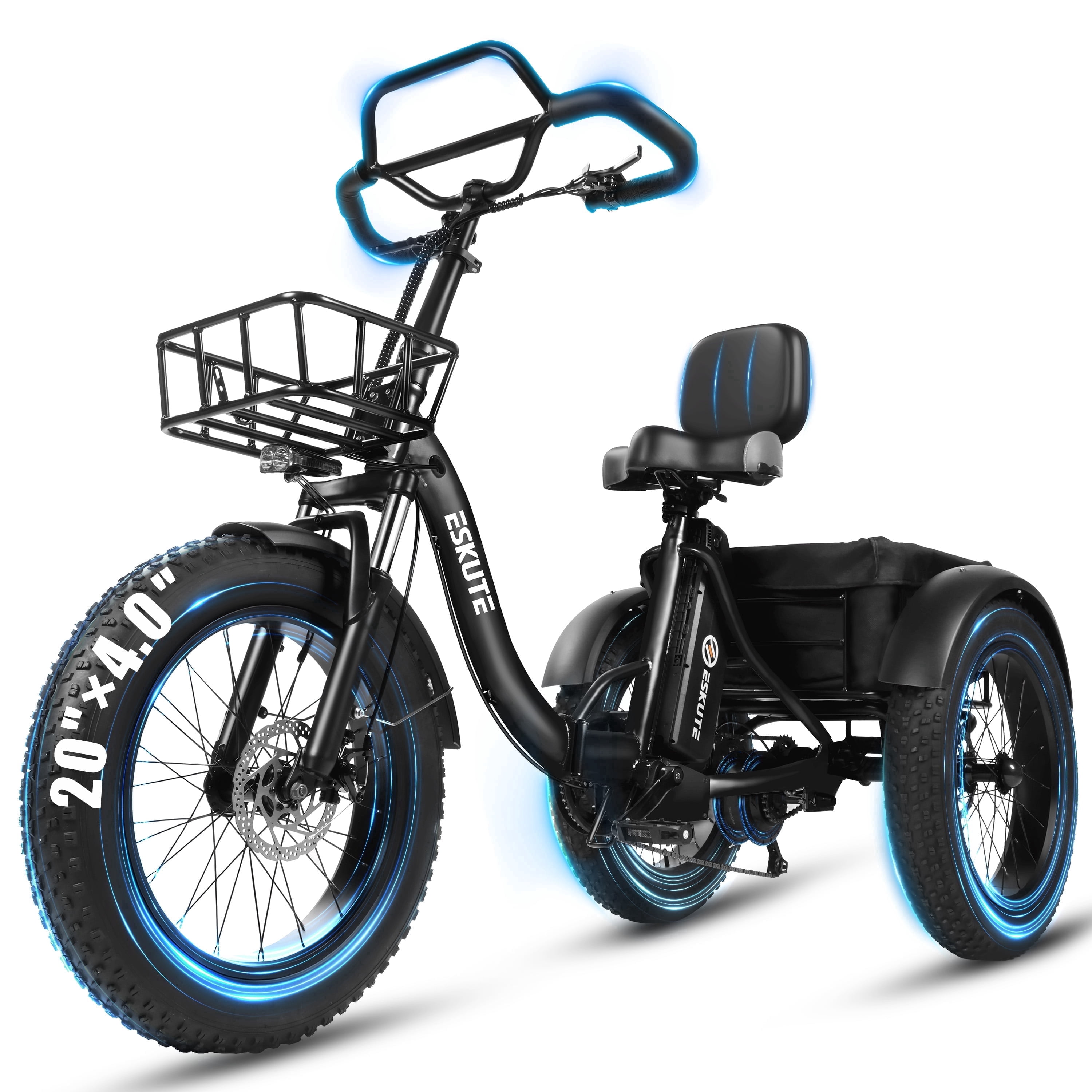 ESKUTE T300 Pro Electric Tricycle for Adults, E Trike, 1200W Peak Motor, 998.4Wh Battery, 20" x 4.0" Fat Tires, Foldable 3 Wheel Electric Bike, Stable Ride for Seniors & Parents Black, UL2849