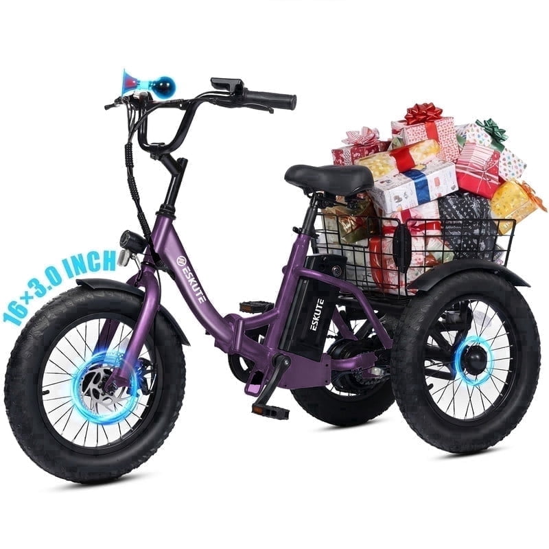 ESKUTE T300mini Electric Tricycle for Beginners, 16" x 3.0 Fat Tire Folding 3-Wheel E-Bike, 500W Peak Motor, 302Wh Battery, Step-Thru, 12.5 MPH, Purple, UL2849