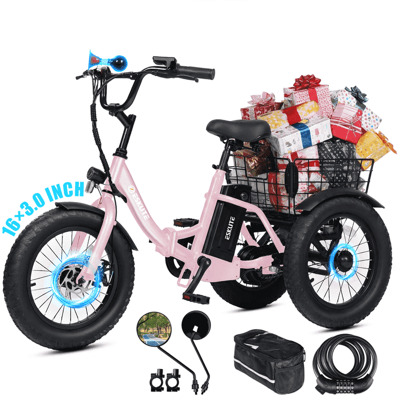 ESKUTE T300mini Electric Tricycle for Beginners, 16" x 3.0 Fat Tire Folding 3-Wheel E-Bike, 500W Peak Motor, 302Wh Battery, Step-Thru, 12.5 MPH, Pink with Lock，Phonebag and mirror, UL2849