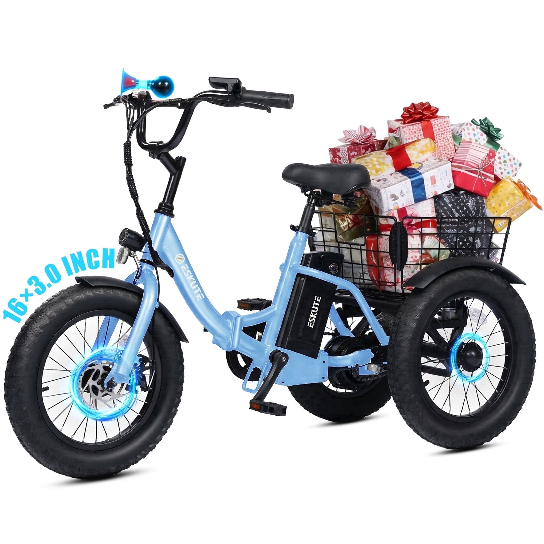 ESKUTE T300mini Electric Tricycle for Beginners, 16" x 3.0 Fat Tire Folding 3-Wheel E-Bike, 500W Peak Motor, 302Wh Battery, Step-Thru, 12.5 MPH, Blue, UL2849
