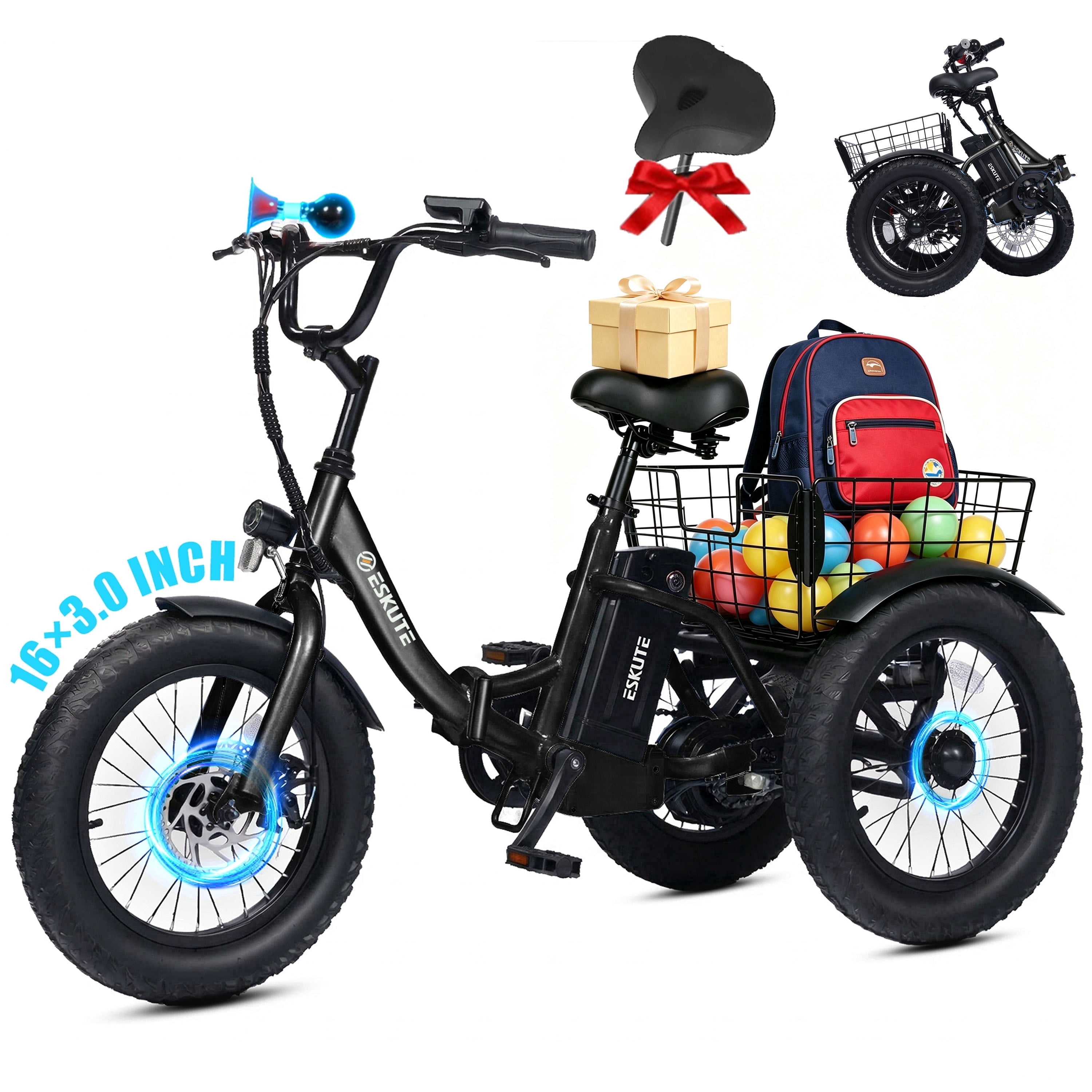 ESKUTE T300mini Electric Tricycle for Beginners, 16" x 3.0 Fat Tire Folding 3-Wheel E-Bike, 250W Motor 12 MPH, 302Wh Battery, Step-Thru, Black with Oversized Seat, UL2849