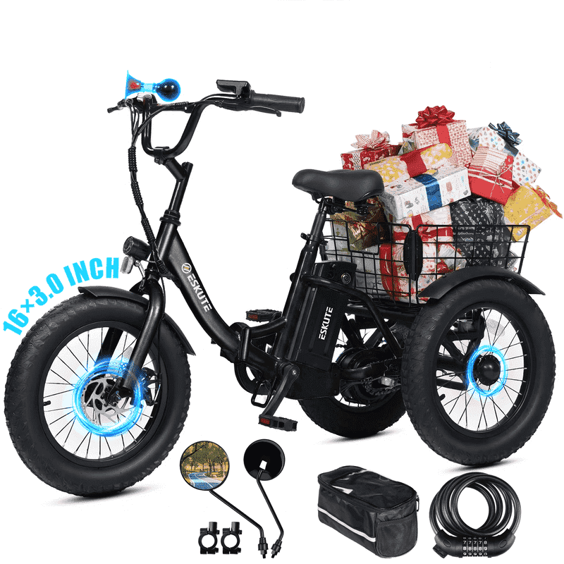 ESKUTE T300mini Electric Tricycle for Beginners, 16" x 3.0 Fat Tire Folding 3-Wheel E-Bike, 500W Peak Motor, 302Wh Battery, Step-Thru, 12.5 MPH, Black with Lock，Phonebag and mirror, UL2849