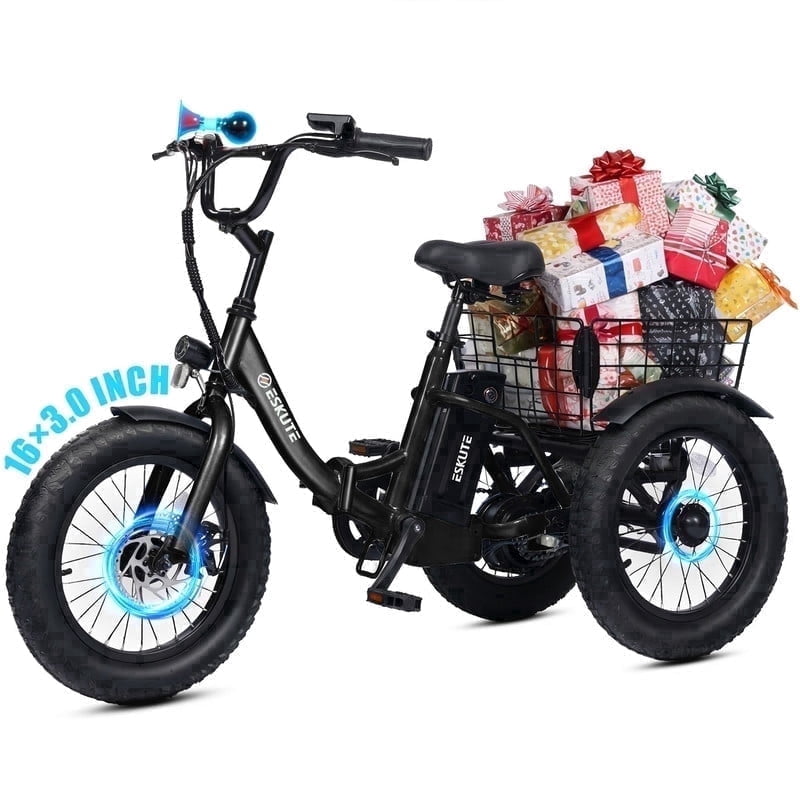 ESKUTE T300mini Electric Tricycle for Beginners, 16" x 3.0 Fat Tire Folding 3-Wheel E-Bike, 500W Peak Motor, 302Wh Battery, Step-Thru, 12.5 MPH, Black, UL2849