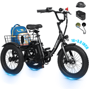 ESKUTE Folding Electric Tricycle for Beginners   16" x 3.0 Fat Tires, 250W Motor, 302Wh Battery, Step-Thru Design, 12 MPH, Black with Lock, Phonebag & Mirror