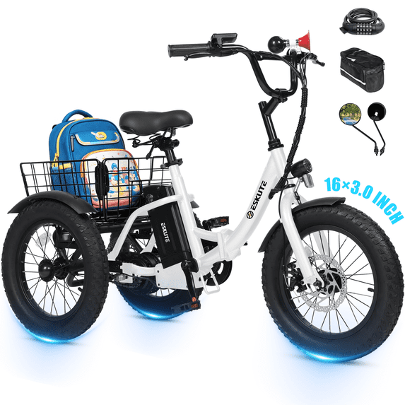 ESKUTE Folding Electric Tricycle for Beginners – 16" x 3.0 Fat Tires, 250W Motor, 302Wh Battery, Step-Thru Design, 12 MPH, White with Lock, Phonebag & Mirror