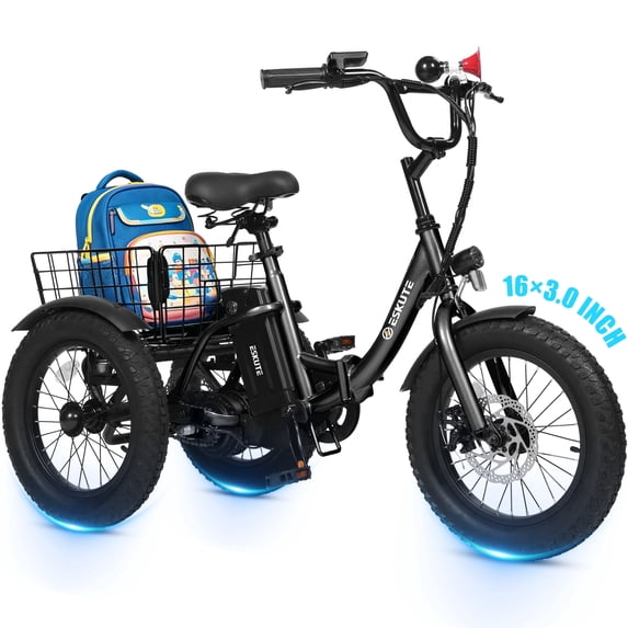ESKUTE Folding Electric Tricycle for Beginners – 16" x 3.0 Fat Tires, 250W Motor, 302Wh Battery, Step-Thru Design, 12 MPH, Black