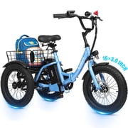 ESKUTE Folding Electric Tricycle for Beginners   16" x 3.0 Fat Tires, 250W Motor, 302Wh Battery, Step-Thru Design, 12 MPH, Blue