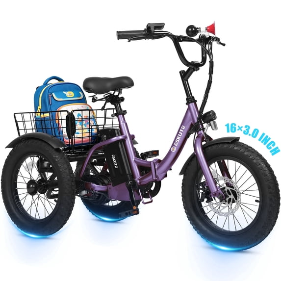 ESKUTE Folding Electric Tricycle for Beginners – 16" x 3.0 Fat Tires, 250W Motor, 302Wh Battery, Step-Thru Design, 12 MPH, Purple