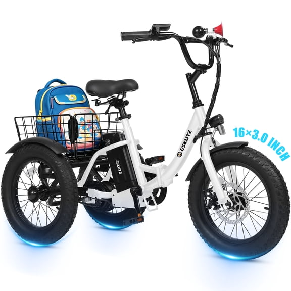 ESKUTE Folding Electric Tricycle for Beginners – 16" x 3.0 Fat Tires, 500W Peak Motor, 302Wh Battery, Step-Thru Design, 12.5 MPH, White