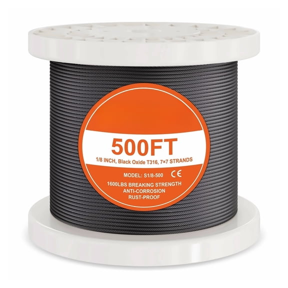 T316 Stainless Steel Cable 1/8" 7x7 Wire Rope 500ft - Railing, Fence, Clothesline; Durable, Corrosion Resistant Steel Cable for Outdoor Use