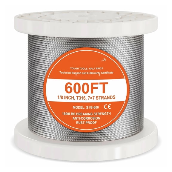 T316 Stainless Steel Cable 1/8" 7x7 Wire Rope 600ft - Railing, Fence, Lights