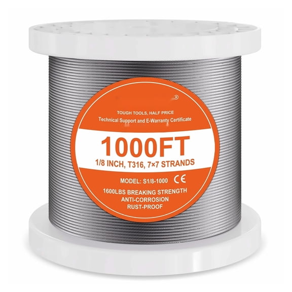 T316 Stainless Steel Cable 1/8" 7x7 Wire Rope 1000ft - Railing, Garden, Deck - Corrosion Resistant Steel Cable for Outdoor Use