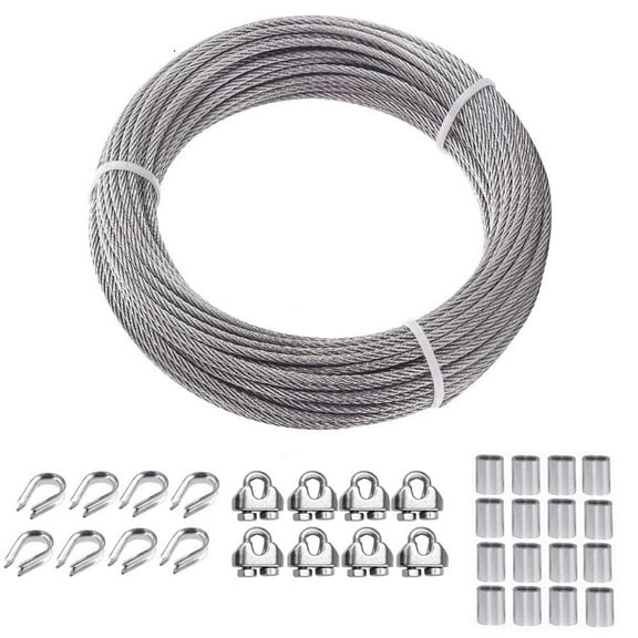 1/8 Wire Rope Kit, 50ft Sun Wire for Triangle/Rectangle Sun Shade Sails Hardware Kit, with Clamps, Crimping Loops, Thimbles for Outdoor Garden Patio
