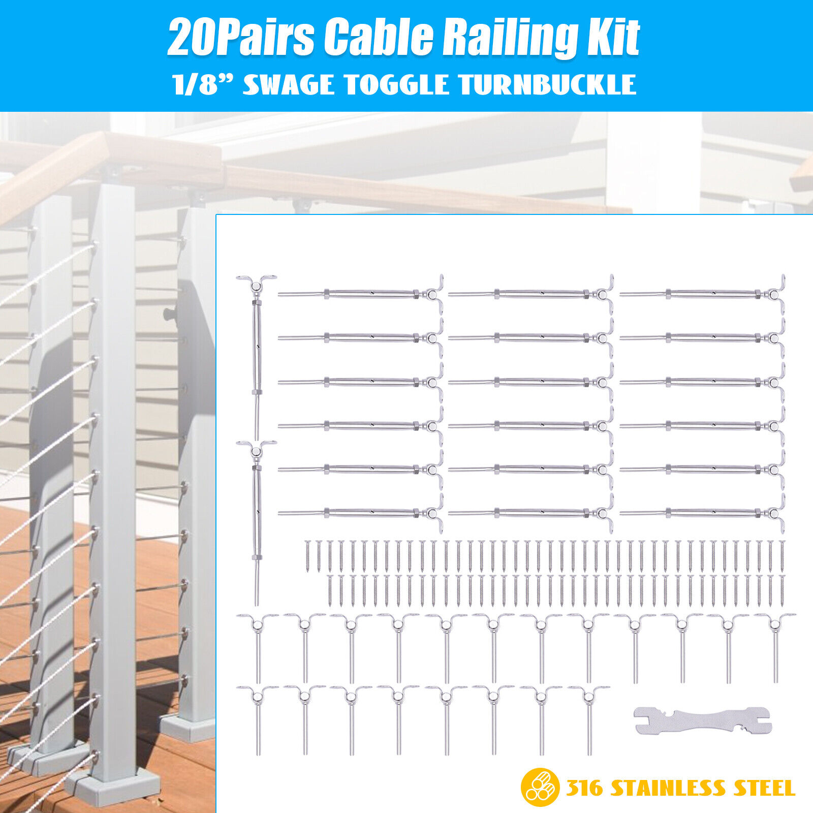 T316 Stainless Steel Swage Toggle Turnbuckle Hardware 1/8" Cable