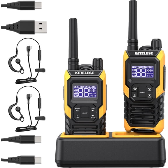 T4 Heavy Duty Walkie Talkies, IP67 Waterproof FRS 2 Way Radio Long Range, USB-C Rechargable, with Earpiece, VOX, NOAA, Weather Alert, Dual PTT, One-Key Group Call, Charge Dock, 2 Pack