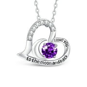 T400 Sterling Silver Birthstone Heart Necklace Cubic Zirconia I Love You to the Moon and Back Jewelry Gift for Women