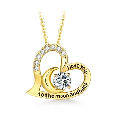 T400 Sterling Silver Heart Pendant Necklace "I Love You to the Moon and Back" Zirconia Jewelry for Women,Gold