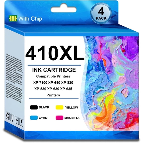 T410XL 410XL T410 Ink Cartridge (with Chip) Replacement for XP-7100 XP-640 XP-830 XP-530 XP-630 XP-635 Printers (4 Pack, Black Cyan Magenta Yellow)
