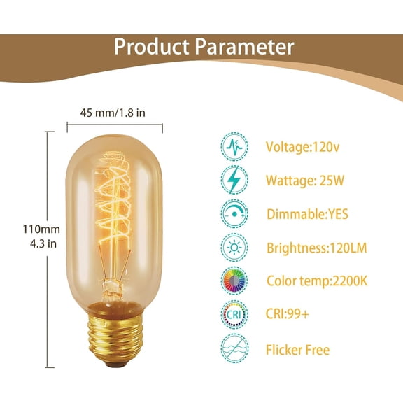 T45 25 Watt Vintage Edison Light Bulbs T14 E26 Base 120 Volts Dimmable Antique Bulb Spiral Tungsten Equivalent Warm Yellow Lamps for Home Light Fixtures Decorative Amber Glass 2200k,2 Pack