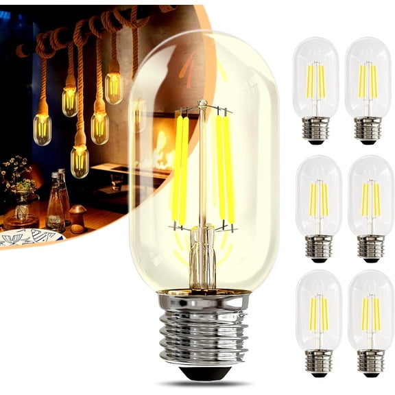 T45 YANTON Edison Bulbs, 6 Pack, 4W Equivalent 40W, 2700K Warm White Cozy Light, 110V 4W E26 Base Bulbs, Dimmable Clear Glass Light Bulbs for Chandelier, Living Room, Bedroom, and Kitchen