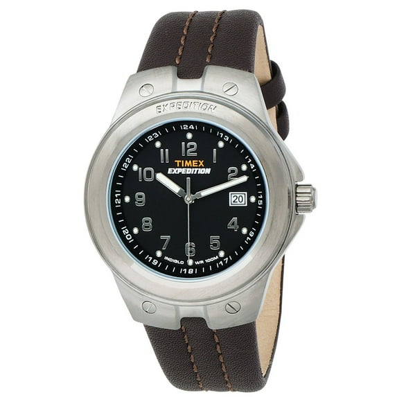 T49631 Men's Expedition Metal Tech Black Dial Brown Leather Strap Stainless Steel Watch
