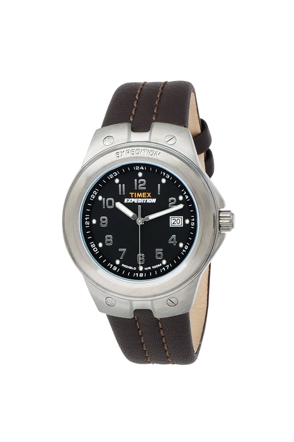 T49631 Men's Expedition Metal Tech Black Dial Brown Leather Strap Stainless Steel Watch