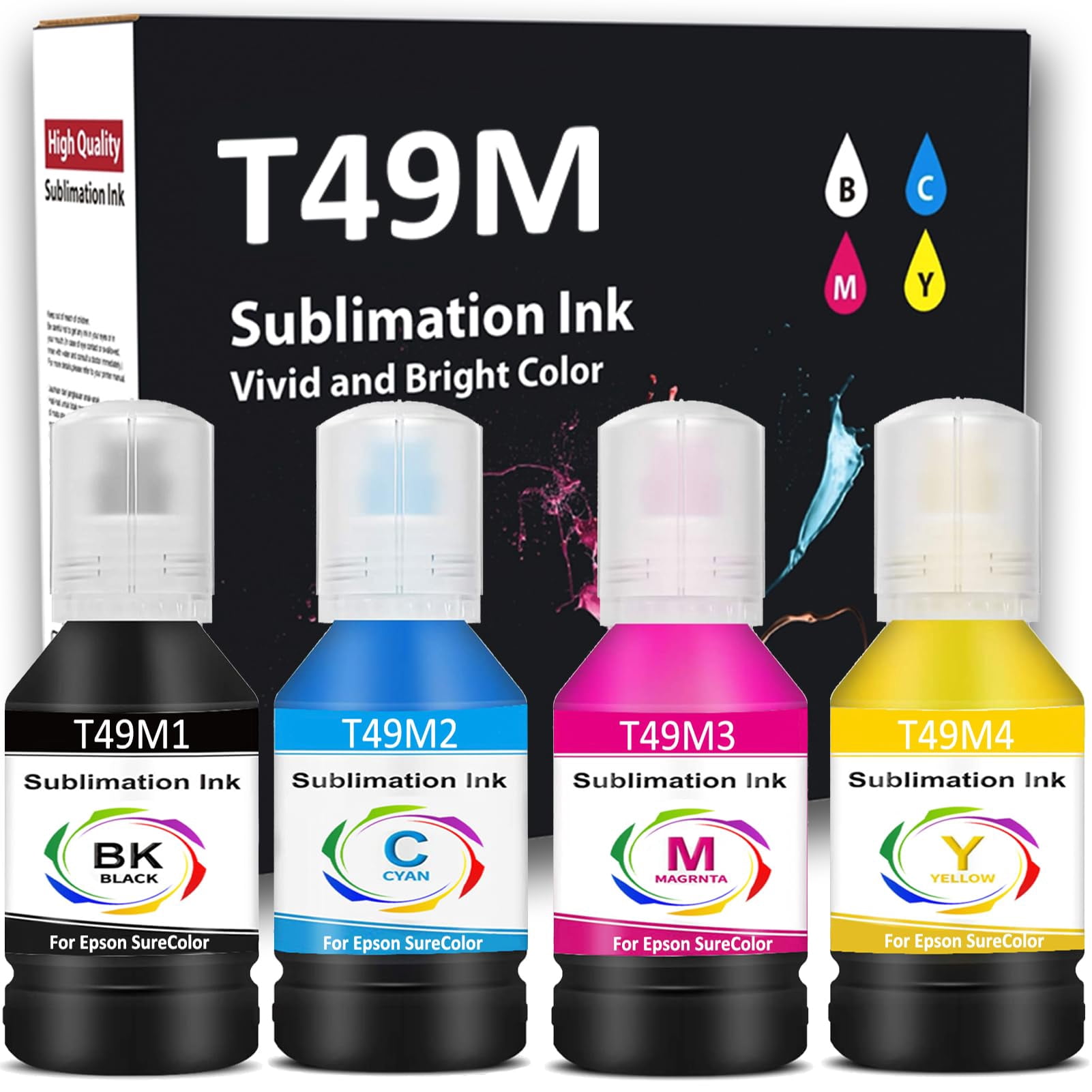 T49M Sublimation Ink Bottle replacement for Epson SureColor F170 F570 Sublimation Printer 140ml x 4 (T49M1 T49M2 T49M3 T49M4)