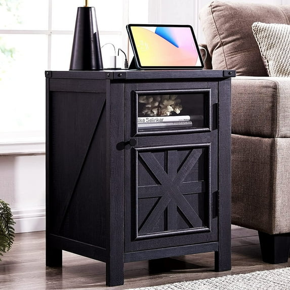 T4TREAM 17.8" W Farmhouse Wooden Nightstand End Table with Charging Station and Storage, Black